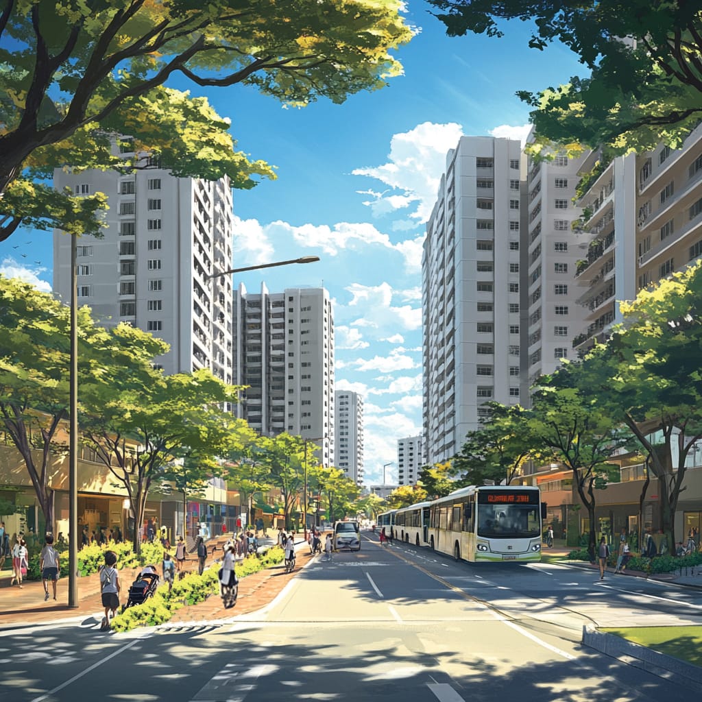 A street view of a city with tall apartment buildings and people on the sidewalk, with a bus on the road.